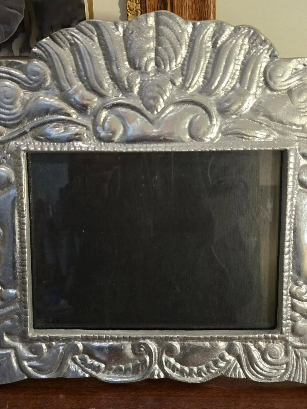 Heavy Vintage Mexican Pewter Picture Frame Wood Easel Back